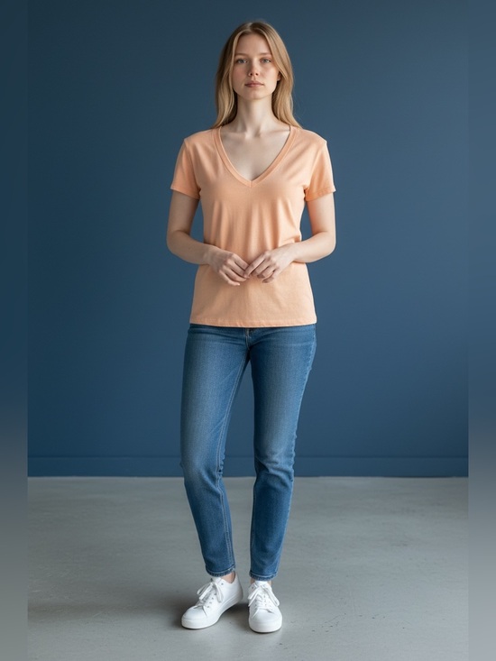 Vintage Tops - Vintage Y2K Realitee Clothing Co Blank Deep V-Neck Tee Peach Medium | like new